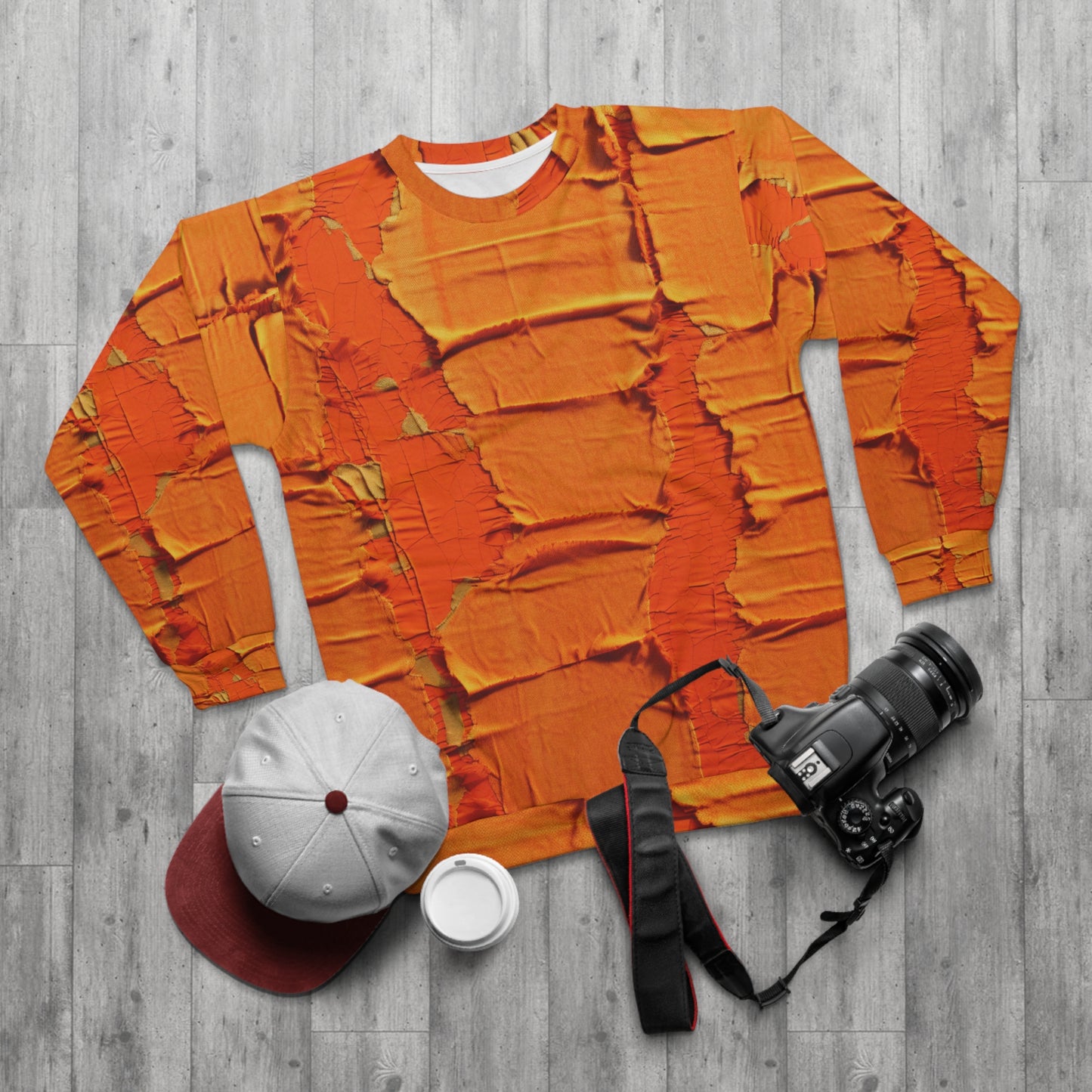 Fiery Citrus Orange: Edgy Distressed, Denim-Inspired Fabric - Unisex Sweatshirt (AOP)