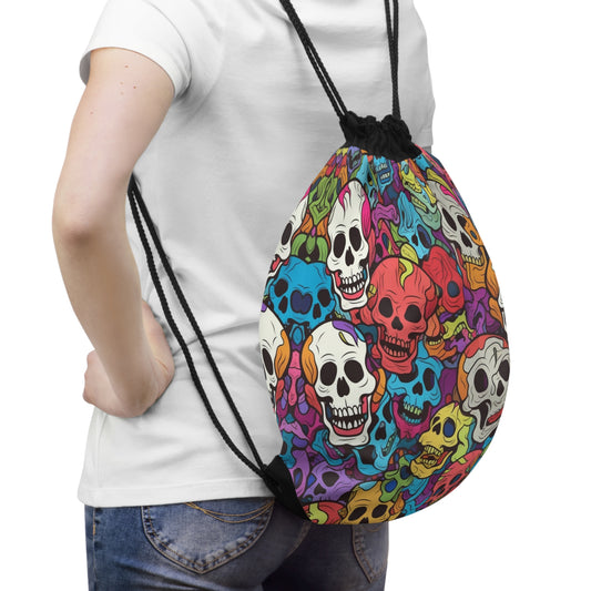 Psychedelic Rainbow Skull Head Pattern, Vibrant Colors - Drawstring Bag