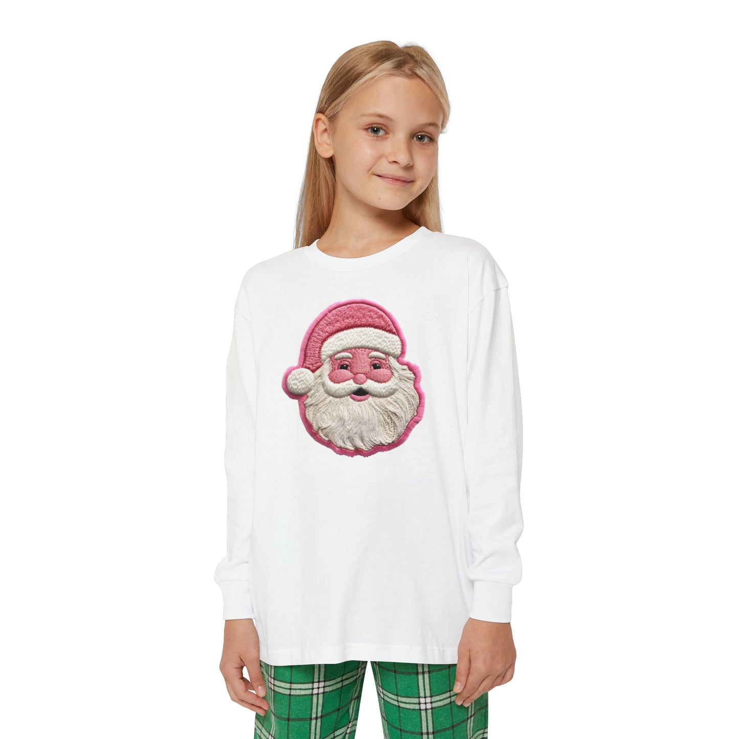 Pink Santa Chenille Patch Christmas Design - Youth Long Sleeve Holiday Outfit Set