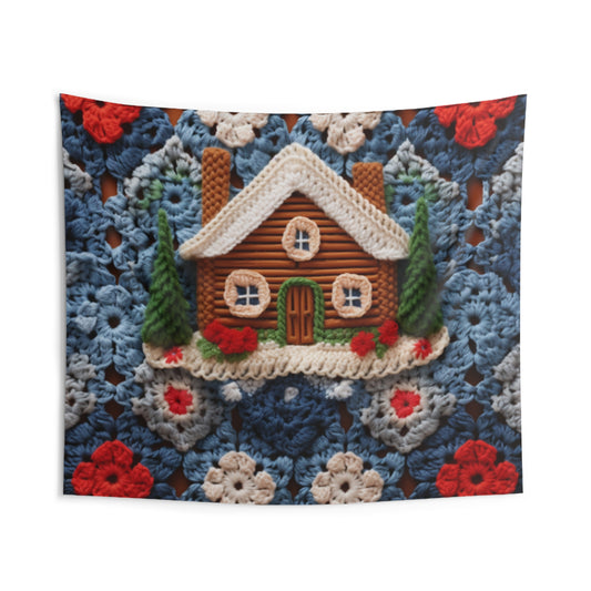 Cottagecore Log Cabin Crochet, Christmas Winter House Design, Rustic Holiday - Indoor Wall Tapestries