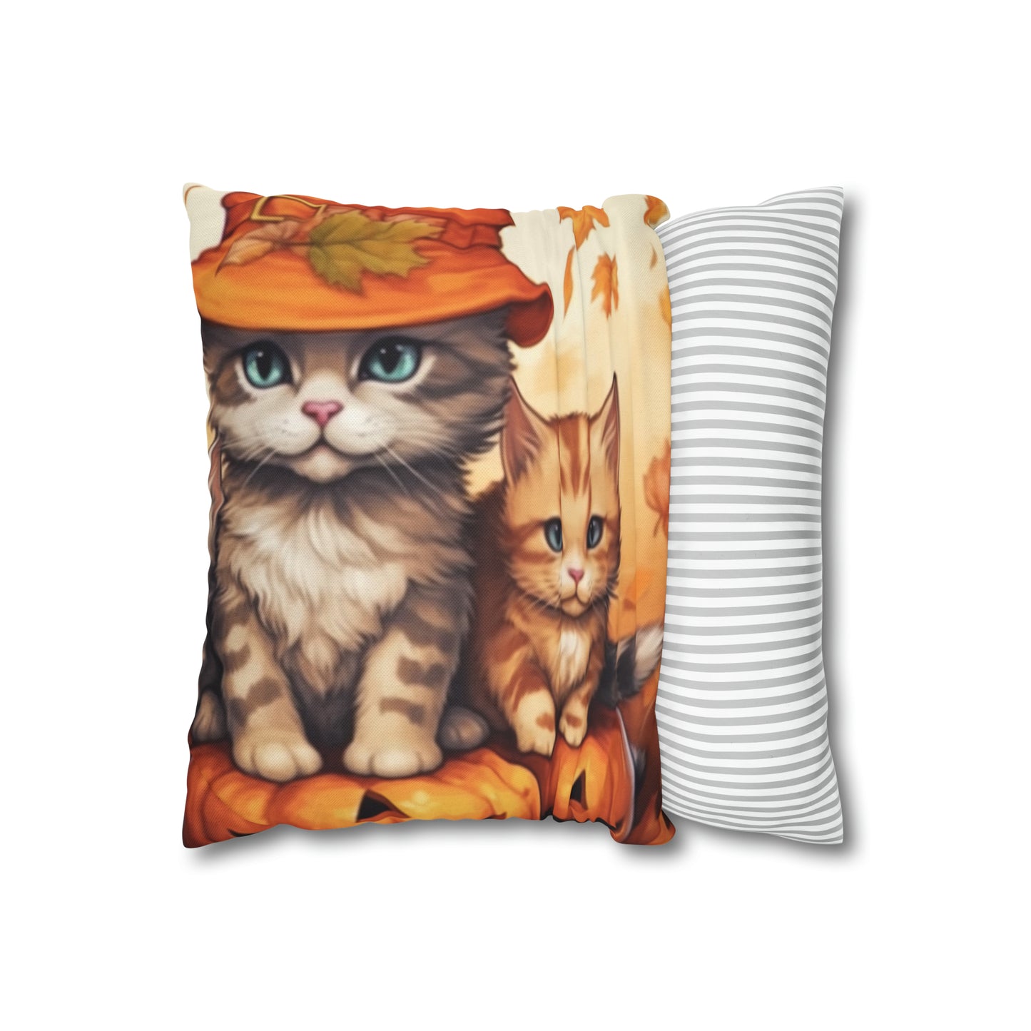 Kitty Cat Kittens Halloween - Cute Furries on Pumpkin - Festive Feline Decor - Spun Polyester Square Pillow Case