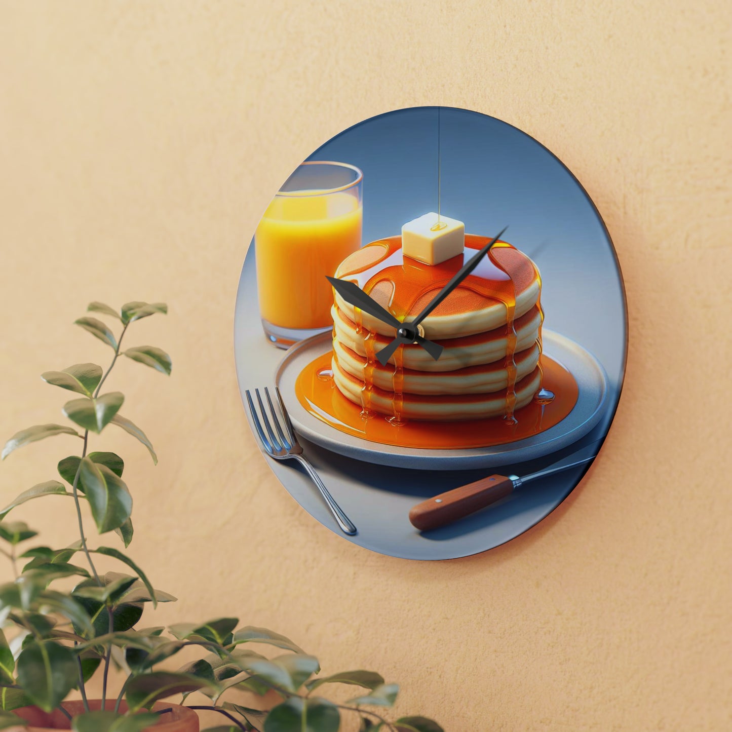 Breakfast  Acrylic Wall Clock - Fluffy Pancakes Stacked Plate, Golden Maple Syrup, Melting Butter, Glass of Orange Juice