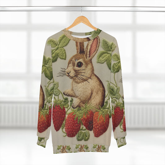 Strawberry Bunny Rabit - Embroidery Style - Strawberries Fruit Munchies - Easter Gift - Unisex Sweatshirt (AOP)