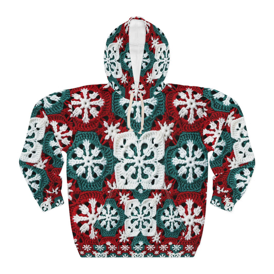 Christmas Snowflake Crochet, Festive Yuletide, Winter Wonderland Craft, Ice Crystal, Holiday Decor, Seasonal Adornments - Unisex Pullover Hoodie (AOP)