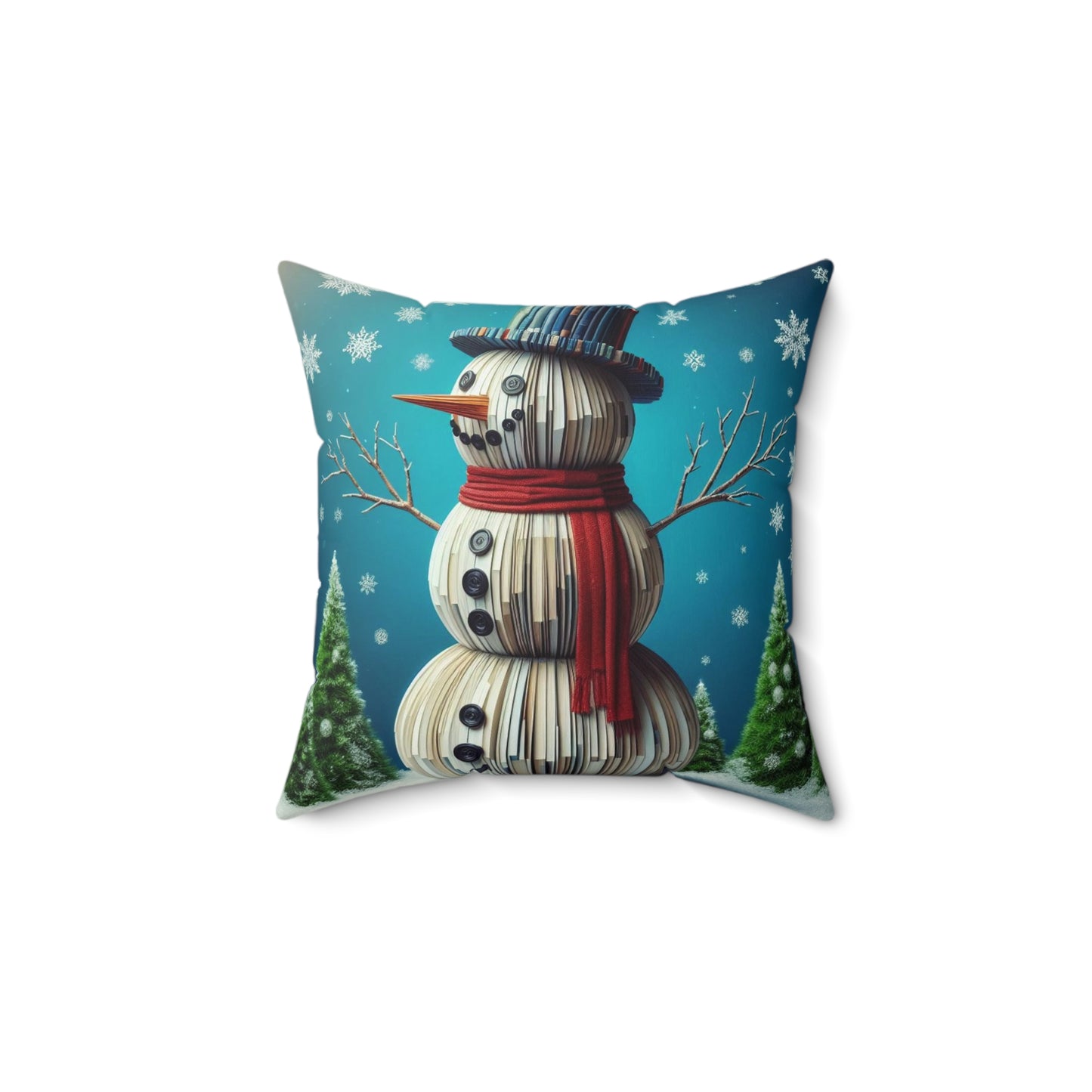 Bibliophiles Winter Delight: Charming Book Lover Novelty Snowman with Bookish Christmas Charm - Spun Polyester Square Pillow