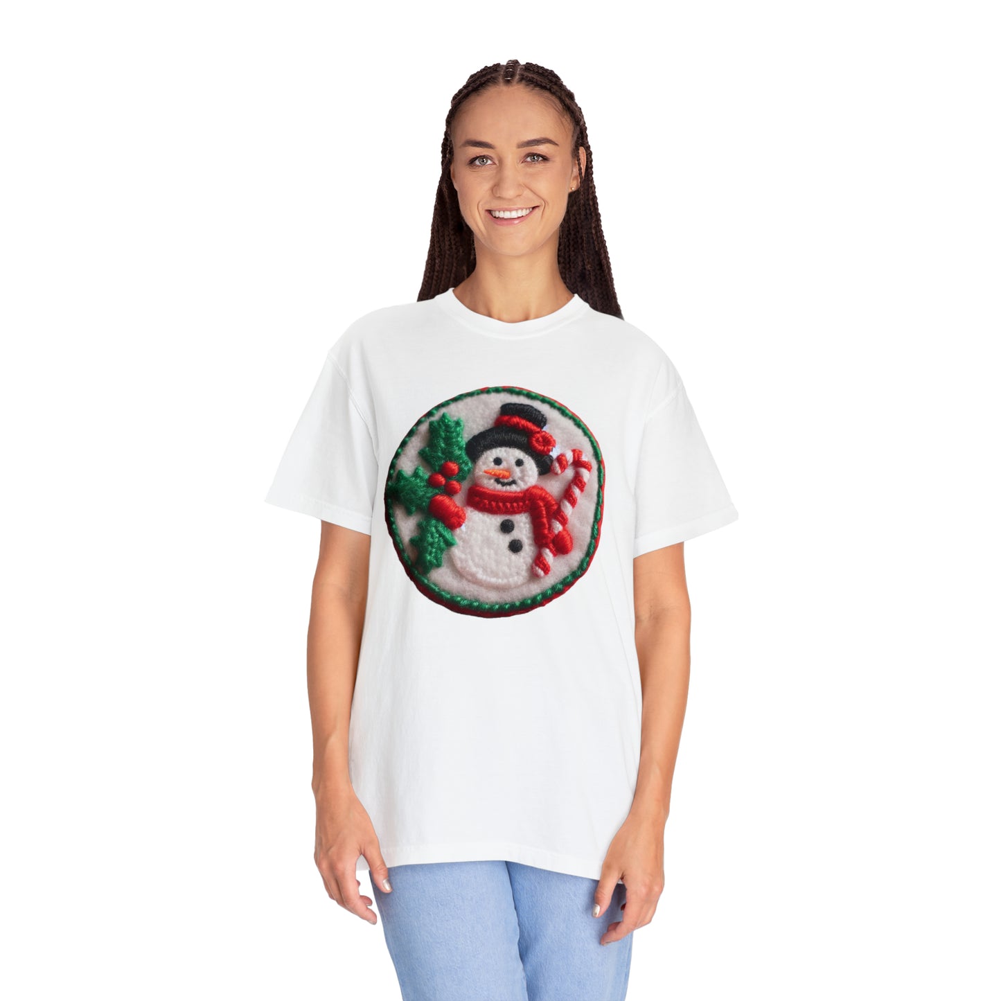 Festive Snowman Embroidered Patch: Christmas Chenille Holly & Candy Cane - Unisex Garment-Dyed T-shirt