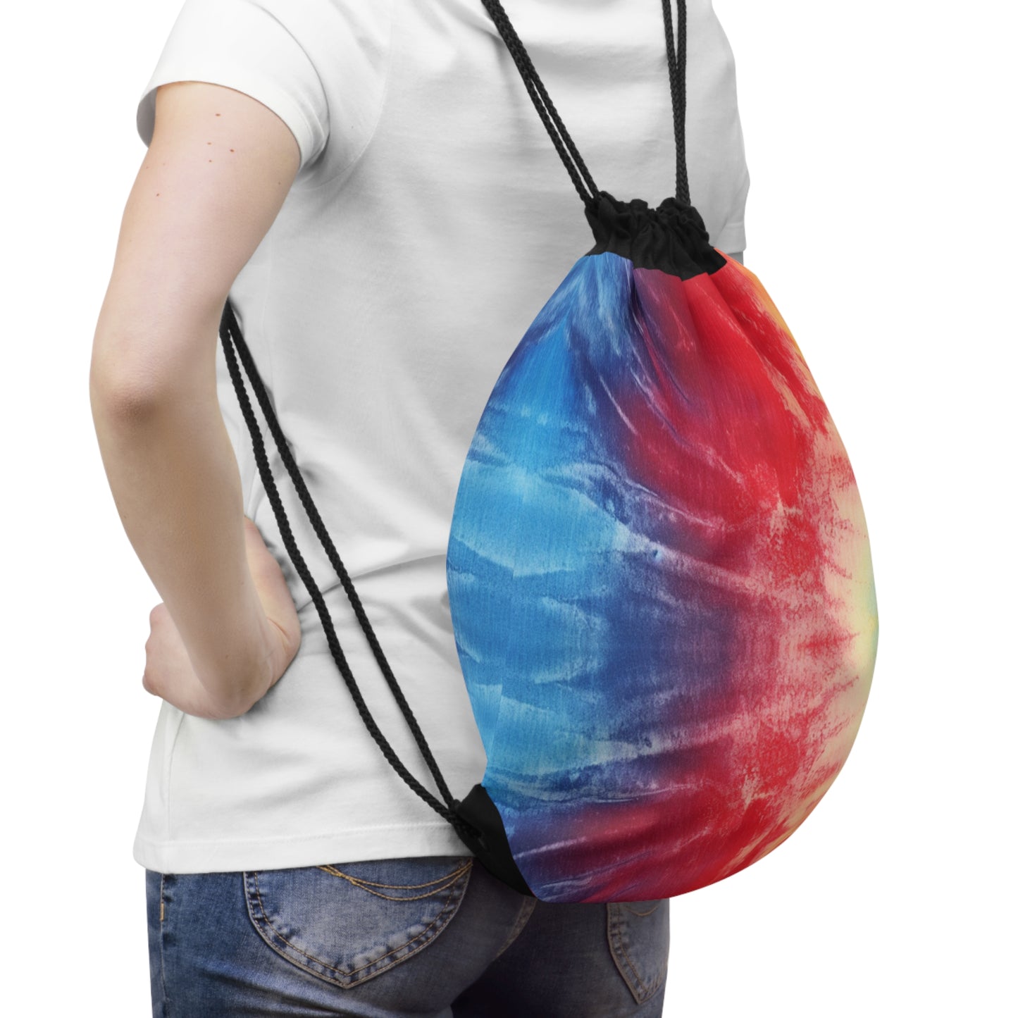 Rainbow Tie-Dye Denim: Vibrant Multi-Color, Fabric Design Spectacle - Drawstring Bag