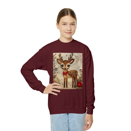 Ciervo de invierno - Reno de Navidad bordado estilo, obras de arte de fieltro festivo, decoración navideña - Sudadera de cuello redondo juvenil