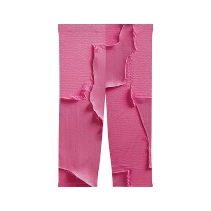 Distressed Neon Pink: Edgy, Ripped Denim-Inspired Doll Fabric - Women’s Capri Leggings (AOP)