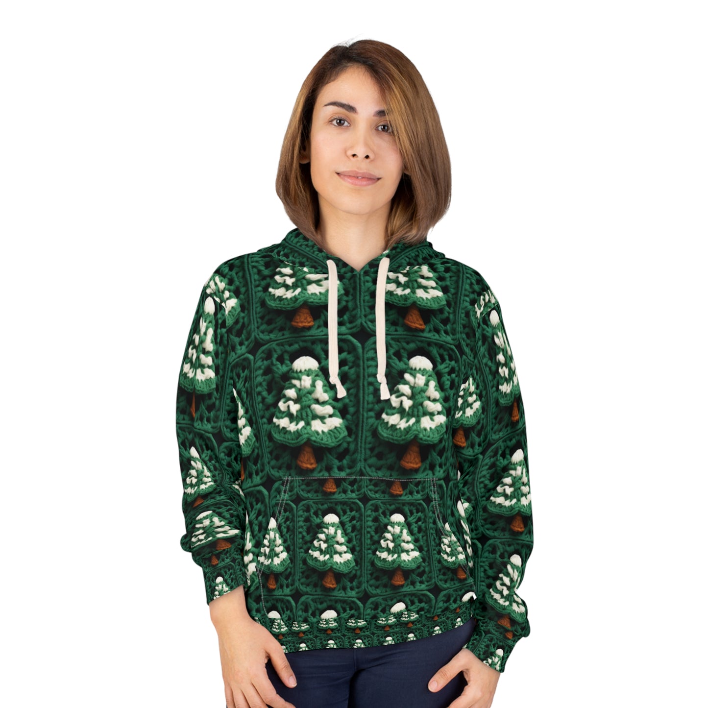 Evergreen Christmas Trees Crochet, Festive Pine Tree Holiday Craft, Yuletide Forest, Winter - Unisex Pullover Hoodie (AOP)