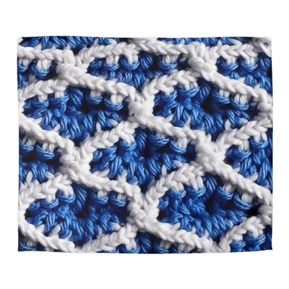 Blueberry Blue Crochet, White Accents, Classic Textured Pattern - Microfiber Duvet Cover