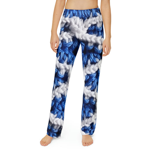 Blueberry Blue Crochet, White Accents, Classic Textured Pattern - Kids Pajama Pants (AOP)