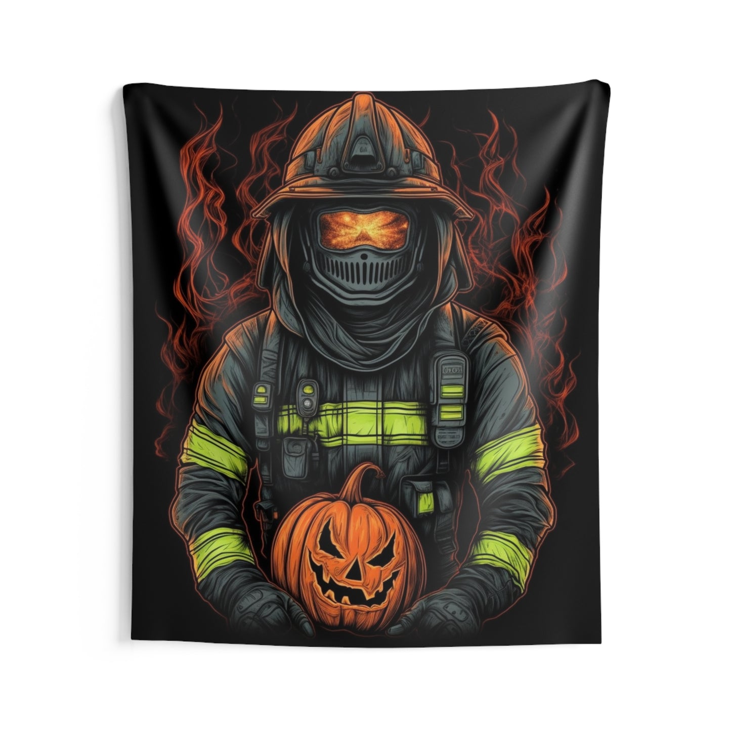 Firefighter Spooky Alert: Facing Haunted Halloween Spirits Scary Fire Pumpkin - Indoor Wall Tapestries