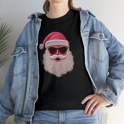 Cool Santa Patch, Pink Christmas Design, Trendy Holiday Emblem - Unisex Heavy Cotton Tee