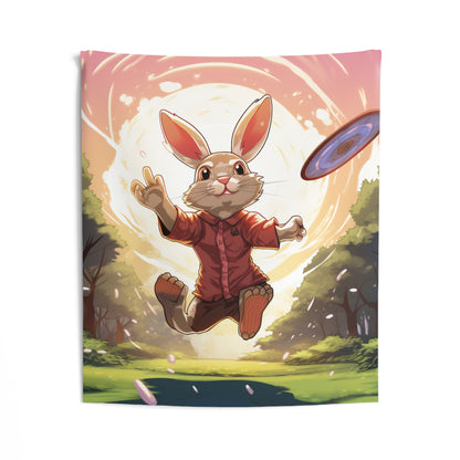 Disc Golf Rabbit: Bunny Aiming Frisbee for Basket Chain - Indoor Wall Tapestries