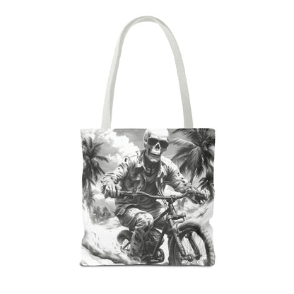 Biker Skeleton Wearing Sunglasses, Riding Sunset Boulevard in California Motorcycle, Tote Bag (AOP)