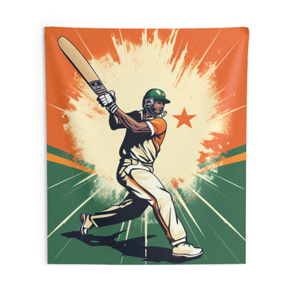 India Cricket Star: Batsman With Willow Bat, National Flag Style - Sport Game - Indoor Wall Tapestries