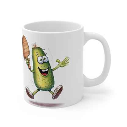 Pickle Player Action: Cartoon Swinging Pickleball Paddle - Sporty Charm - Ceramic Mug 11oz