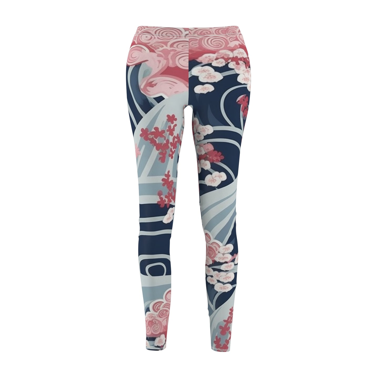 Leggings casuales de corte y costura con patrón de flores de cerezo y ondas minimalistas japonesas para mujer (AOP) 