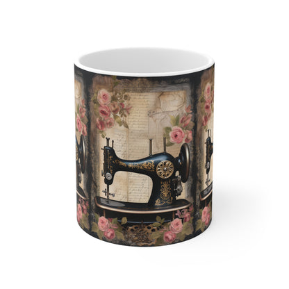 Gothic Black Sewing Machine with Golden Accents and Roses, Classic Tailoring - Ceramic Mug 11oz