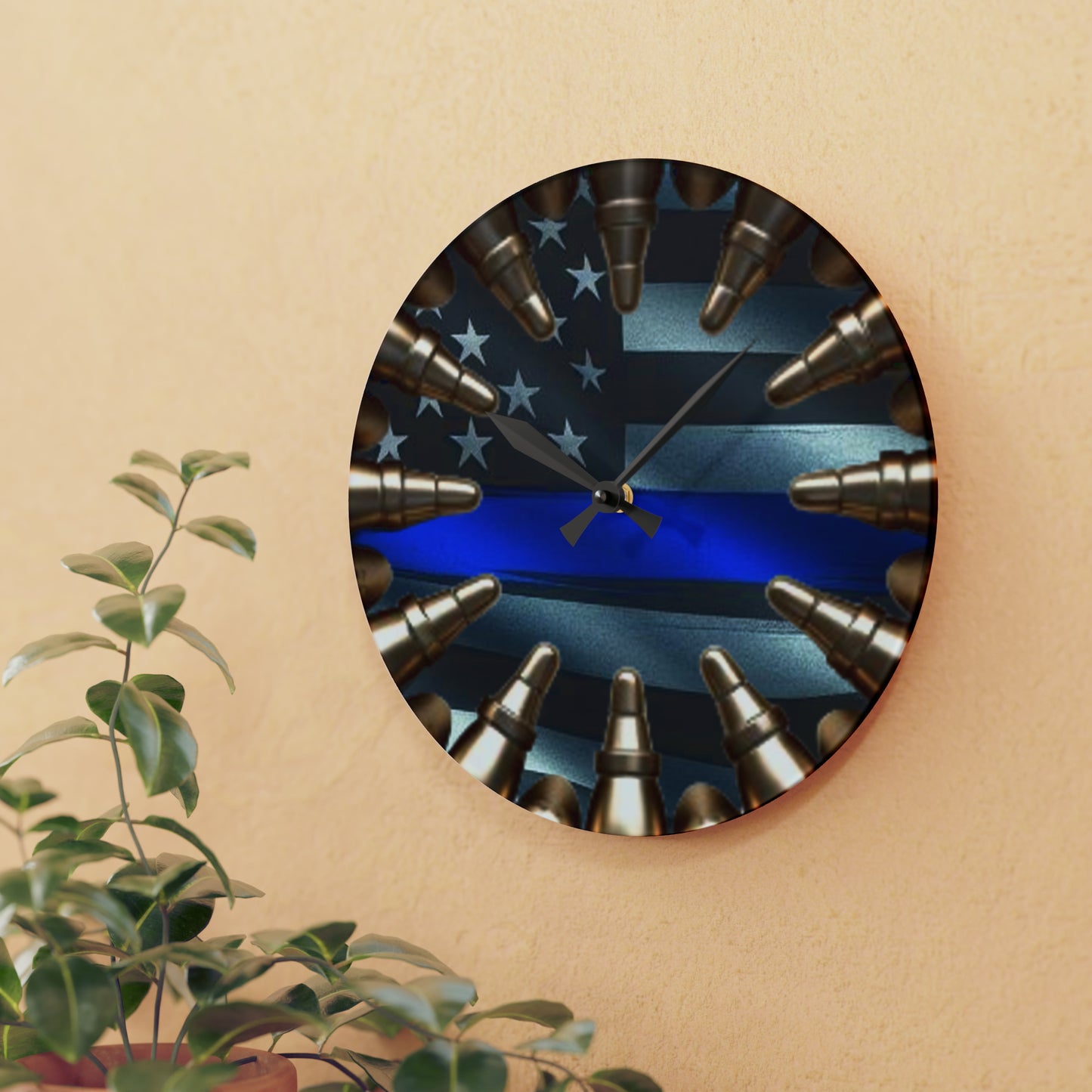 Thin Blue Line Acrylic Wall Clock - Patriotic Police Honor, Faux Bullet Emblem, American Flag Timepiece