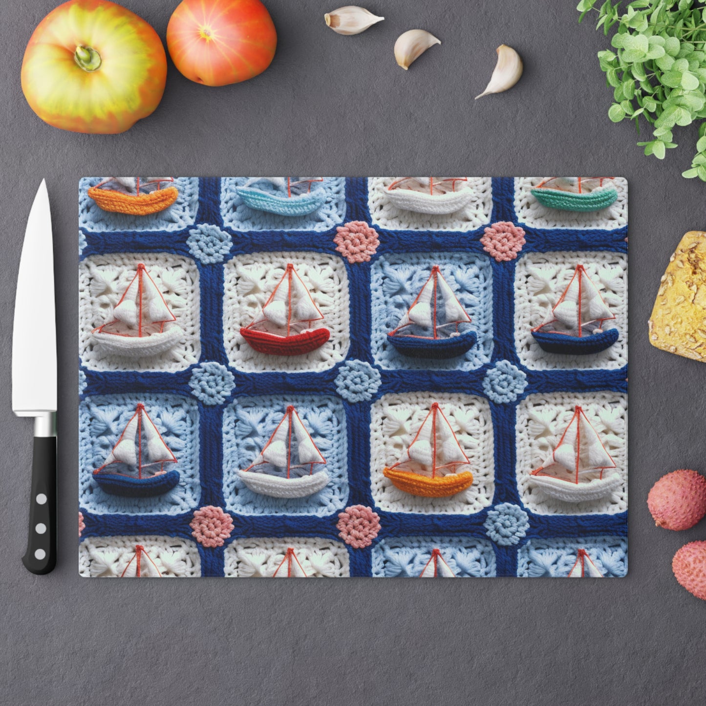 Crochet Boat Ship Sea Vessel Ocean Beach Travel Yacht Design - Cutting Board