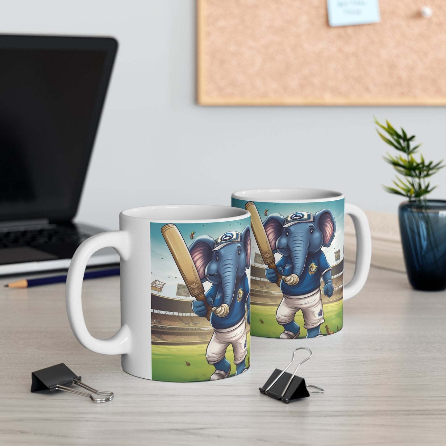 India Elephant Cricket Sport Star: Pitch, Run, Stump Game - Animated Charm - Ceramic Mug 11oz