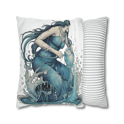 Aquarius Zodiac Symbol - Girl Pouring Water, Hand-Drawn Style - Spun Polyester Square Pillow Case