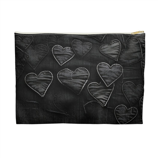 Black: Distressed Denim-Inspired Fabric Heart Embroidery Design - Accessory Pouch