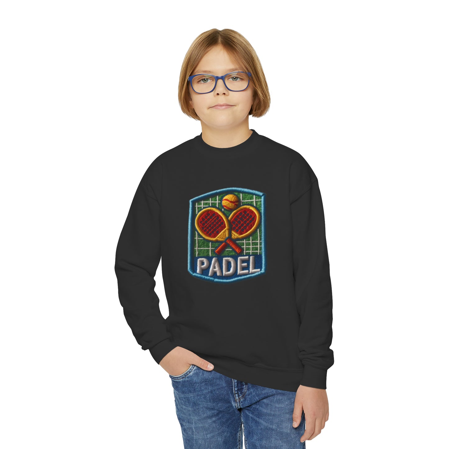 Chenille Padel Patch, Sport Faux Graphic -Youth Crewneck Sweatshirt