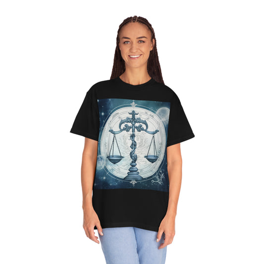 Blue Tones Libra Zodiac Cosmic Astro - Balance Scale & Symbols - Unisex Garment-Dyed T-shirt