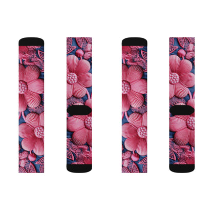 Denim Blue Doll Pink Floral Embroidery Style Fabric Flowers - Sublimation Socks