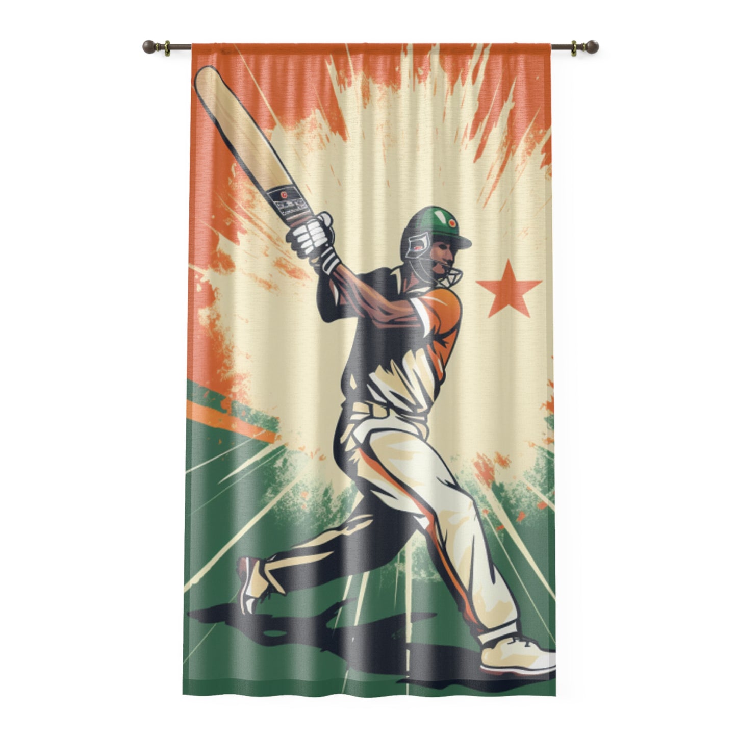 India Cricket Star: Batsman With Willow Bat, National Flag Style - Sport Game - Window Curtain