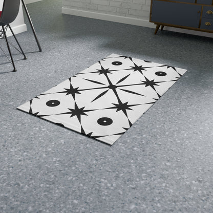 Mid Century Modern Asterisk Design - White & Black Atomic Starburst - Dobby Rug