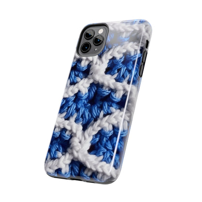 Blueberry Blue Crochet, White Accents, Classic Textured Pattern - Tough Phone Cases