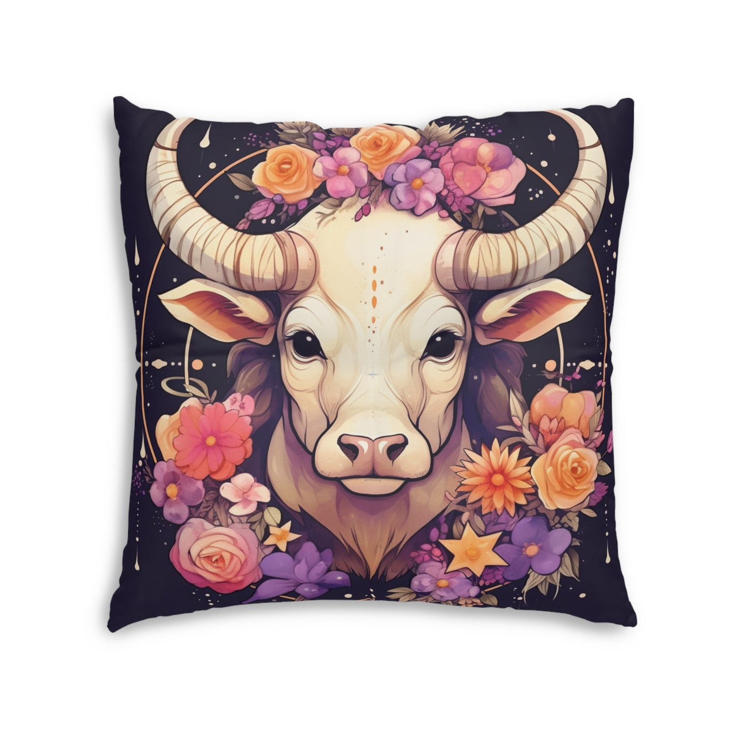 Taurus Zodiac Bull Flower Accents - 占星術のサイン - 房状フロアピロー、スクエア