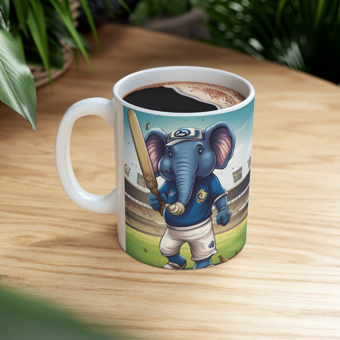 India Elephant Cricket Sport Star: Pitch, Run, Stump Game - Animated Charm - Ceramic Mug 11oz