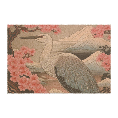 Sakura Blossoms Majestic Crane - Japanese, Birthday Gift for Dad, Traditional Indigo & Mount Fuji - Doormat