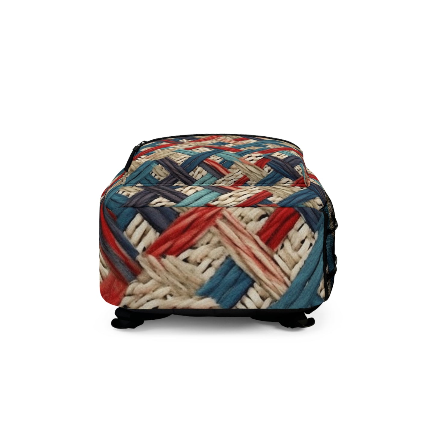 Colorful Yarn Knot: Denim-Inspired Fabric in Red, White, Light Blue - Backpack