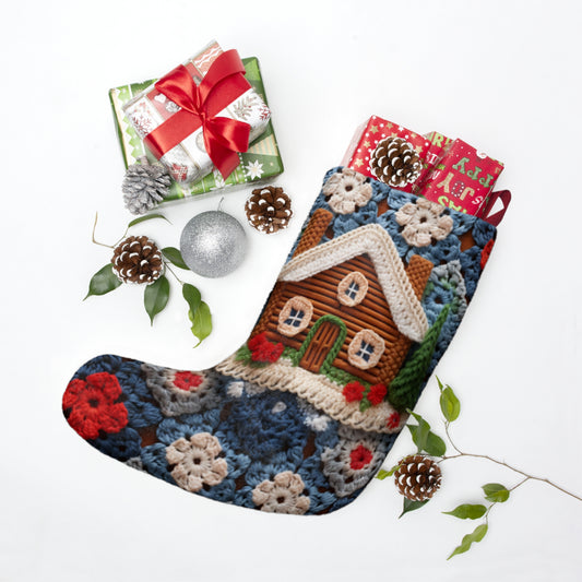 Cottagecore Log Cabin Crochet, Christmas Winter House Design, Rustic Holiday - Christmas Stockings