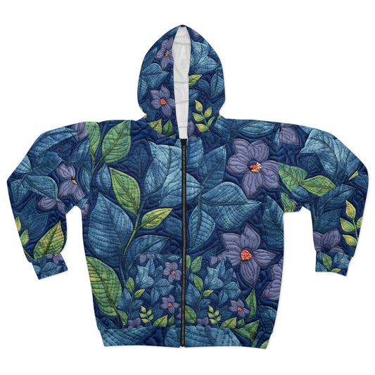 Floral Embroidery Blue: Denim-Inspired, Artisan-Crafted Flower Design - Unisex Zip Hoodie (AOP)