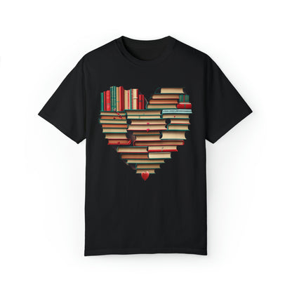 Valentines Day Book Love: Heart-Shaped Stack of Romantic Novels - Unisex Garment-Dyed T-shirt