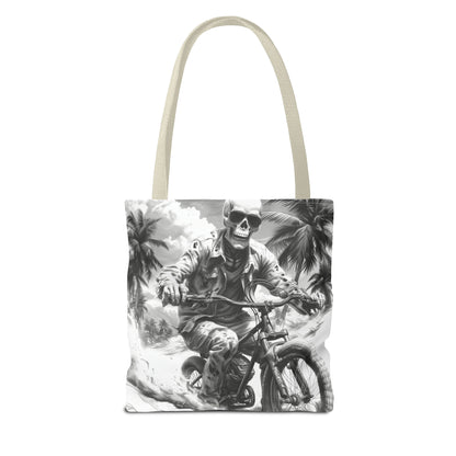 Biker Skeleton Wearing Sunglasses, Riding Sunset Boulevard in California Motorcycle, Tote Bag (AOP)