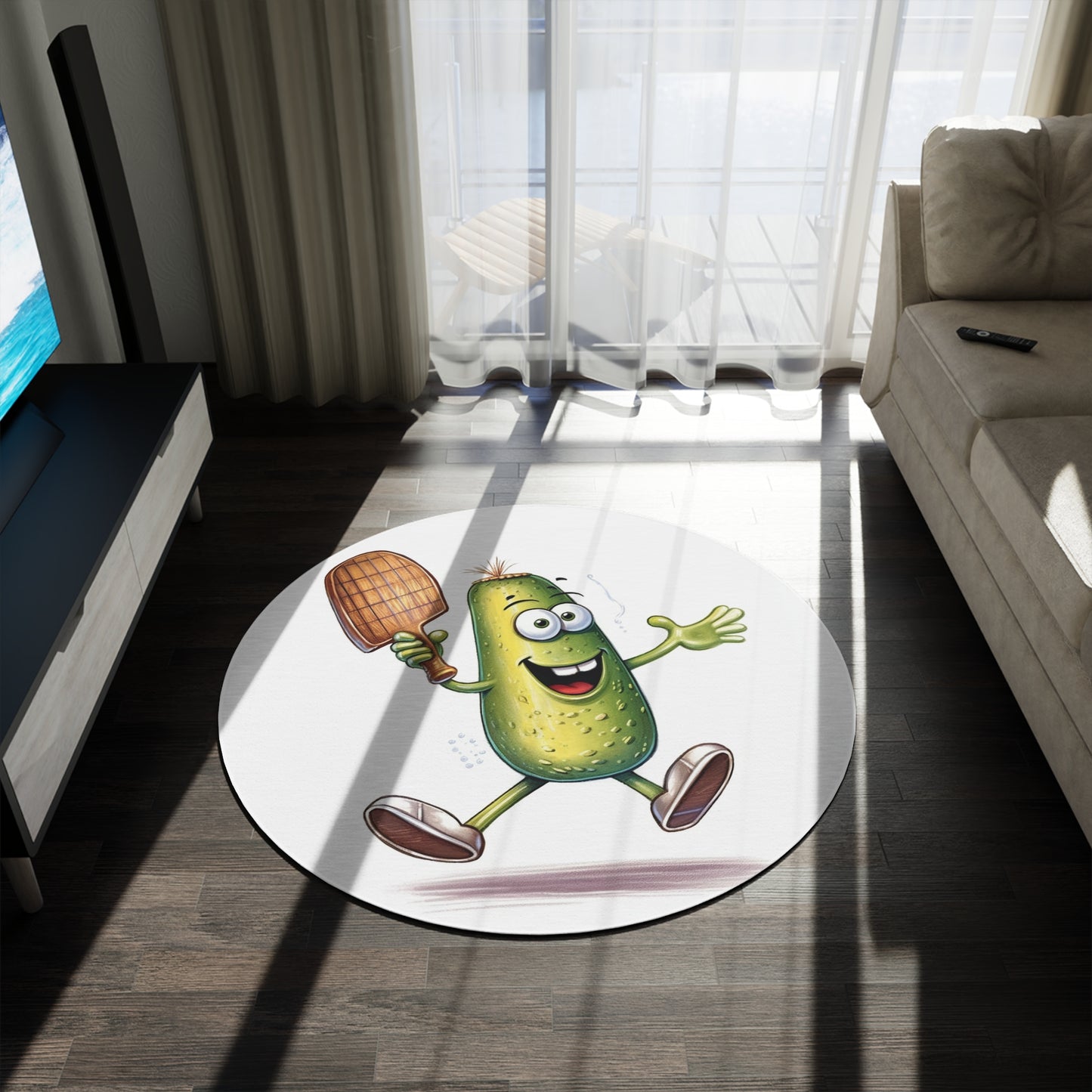 Pickle Player Action: Cartoon Swinging Pickleball Paddle - Sporty Charm - Round Rug