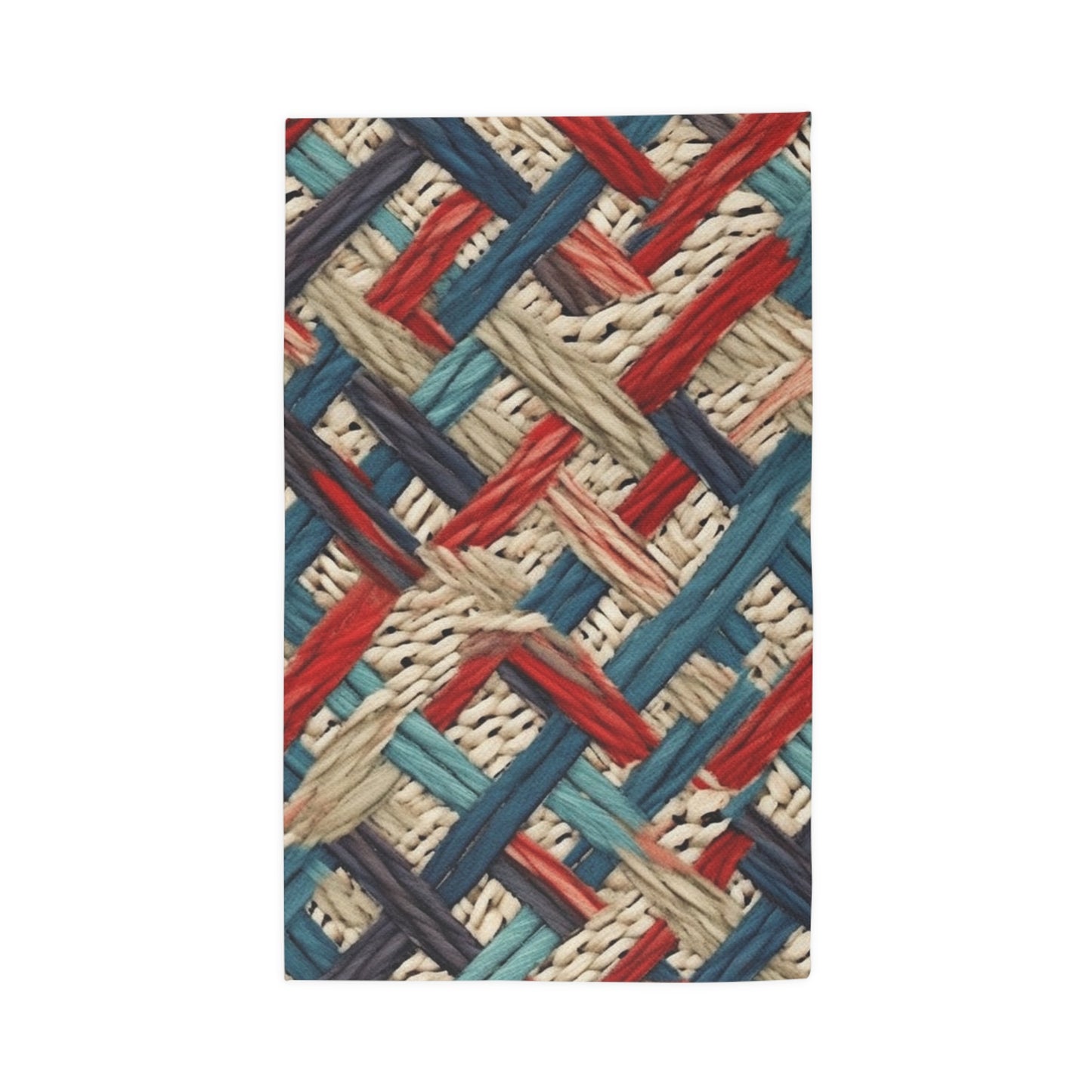 Colorful Yarn Knot: Denim-Inspired Fabric in Red, White, Light Blue - Dobby Rug