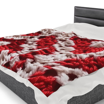 Warm Winter Red & White Crochet Knit: Cinematic Chic Texture Design - Velveteen Plush Blanket