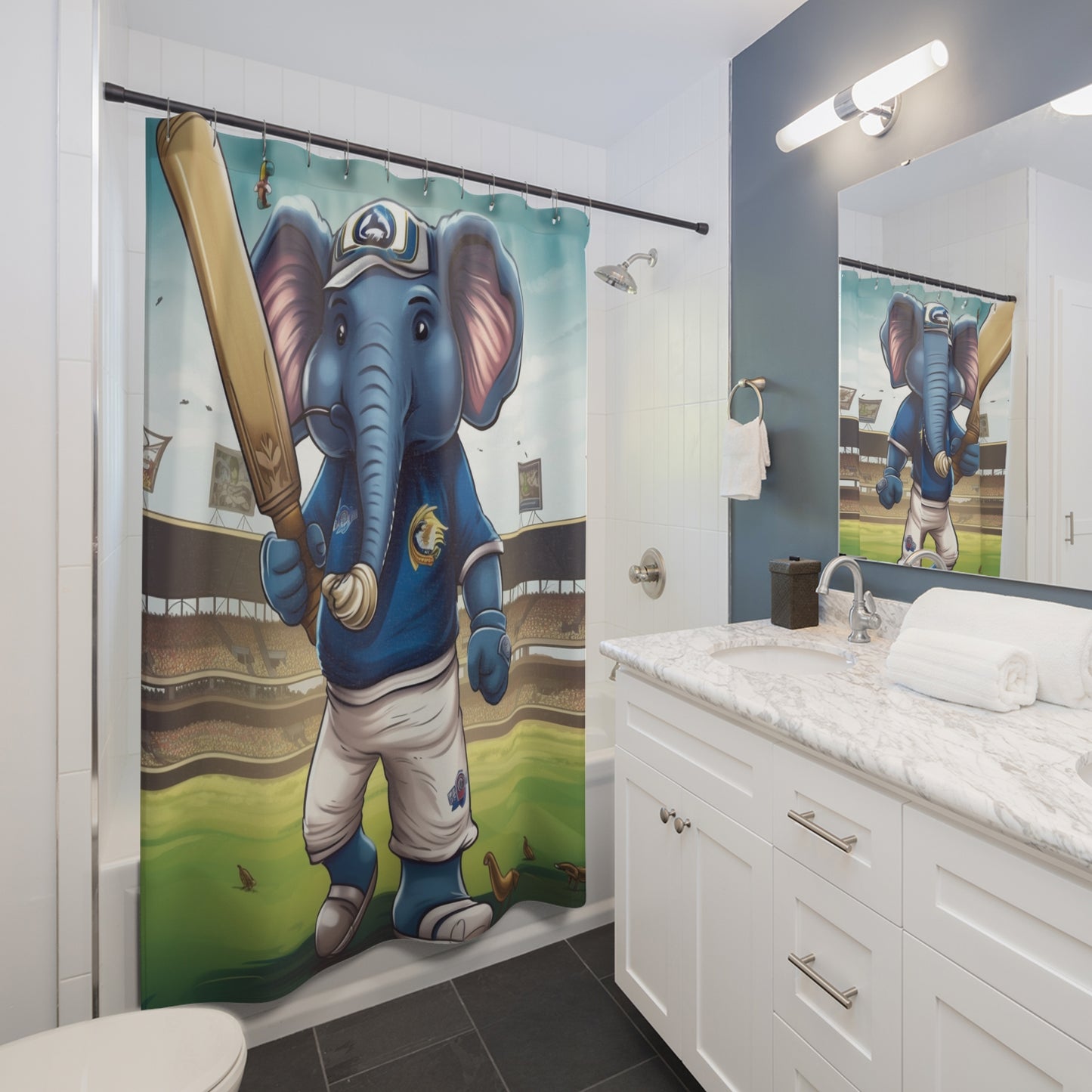 India Elephant Cricket Sport Star: Pitch, Run, Stump Game - Animated Charm - Shower Curtains