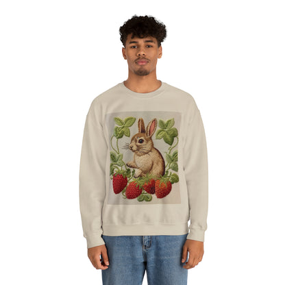 Strawberry Bunny Rabit - Embroidery Style - Strawberries Fruit Munchies - Easter Gift - Unisex Heavy Blend™ Crewneck Sweatshirt