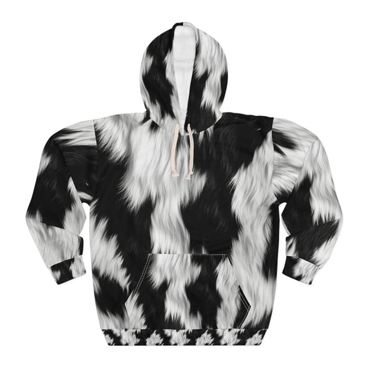 Cowhide on Hair Leather - Black and White - Designer Style - Unisex Pullover Hoodie (AOP)