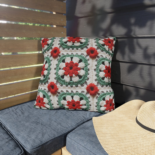 Christmas Granny Square Crochet, Cottagecore Winter Classic, Seasonal Holiday - Outdoor Pillows